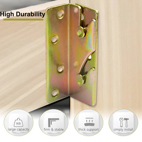 Heavy Duty Bed Rail Brackets Set Of Four Gold Anti Rust Steel Frame Hardware With Screws For Quick Non Mortise Install Top Shelf Load Bearing Design close-up of durable bracket mounted on wood.