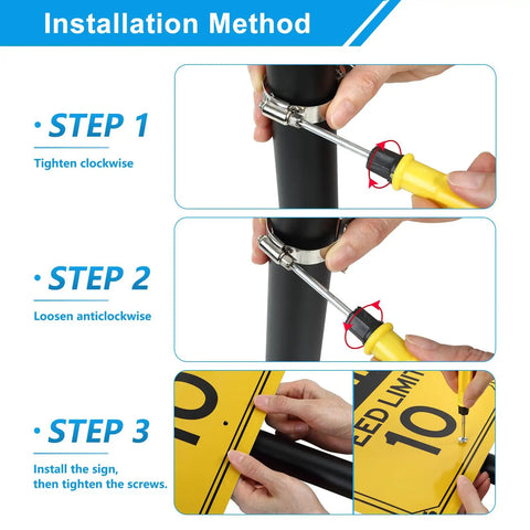 Installation steps for Two Pack Adjustable Sign Mounting Brackets for Poles 1.3 to 2.24 Inches, rust-resistant hardware.