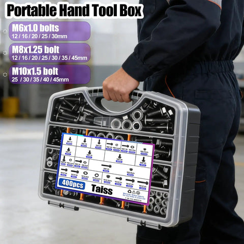 Person holding 400 Piece Metric Flange Bolt Set With 10.9 Grade M6x1.0 M8x1.25 And M10x1.5 Bolts In a Carrying Case
