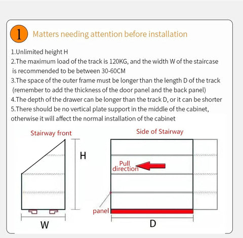 Installation guide for Premium Heavy Duty Drawer Slides One Pair Three Section Staircase Guide Rail with measurements and tips.