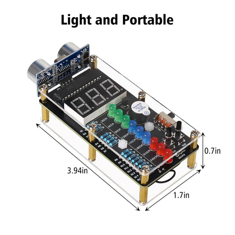 Hands-On Ultrasonic Distance Sensor DIY Kit With LED Indicators And Ranging Alarm HC-SR04 Compatible front view with measurements