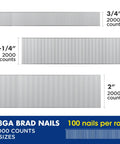 Premium 18 Gauge Brad Nails In 2 Inch One Quarter And Three Quarters Lengths Rock Solid Zinc Plated Steel Delivers A No Sweat Experience During Fine Woodworking Projects Without Jamming Or Rust Concerns 6000 Count, showing three sizes in a 6000 count pack.