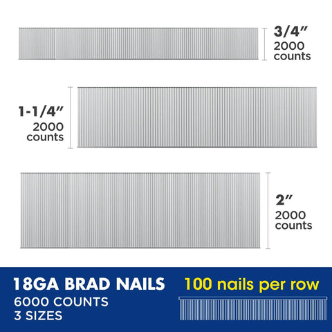 Premium 18 Gauge Brad Nails In 2 Inch One Quarter And Three Quarters Lengths Rock Solid Zinc Plated Steel Delivers A No Sweat Experience During Fine Woodworking Projects Without Jamming Or Rust Concerns 6000 Count, showing three sizes in a 6000 count pack.