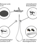 Sleek Recessed Shower System With Thermostatic Control And Anti Scald Safety Lock Chrome Plated Finish Integrated Diverter Valve Round Rain Heads close-up of components with chrome finishes and showerhead.
