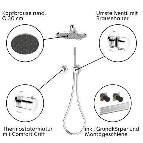 Sleek Recessed Shower System With Thermostatic Control And Anti Scald Safety Lock Chrome Plated Finish Integrated Diverter Valve Round Rain Heads close-up of components with chrome finishes and showerhead.