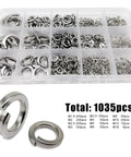 Over 1035 Piece Stainless Steel Split Lock Washer Set M1.6 To M16, 304 Grade Spring Washers Assortment Kit With Elastic Gasket, Built For Vibration Proof, DIY Friendly, Secure Fastening For Nuts And Bolts. Assorted sizes in organizer box