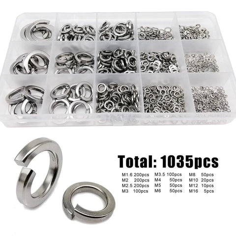 Over 1035 Piece Stainless Steel Split Lock Washer Set M1.6 To M16, 304 Grade Spring Washers Assortment Kit With Elastic Gasket, Built For Vibration Proof, DIY Friendly, Secure Fastening For Nuts And Bolts. Assorted sizes in organizer box