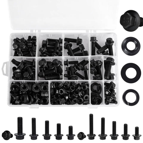 288 Piece Metric Flange Bolt Kit With M6 M8 M10 Bolts, Nuts And Washers In 12mm To 30mm, 10.9 Grade Black Zinc Alloy Steel, organized