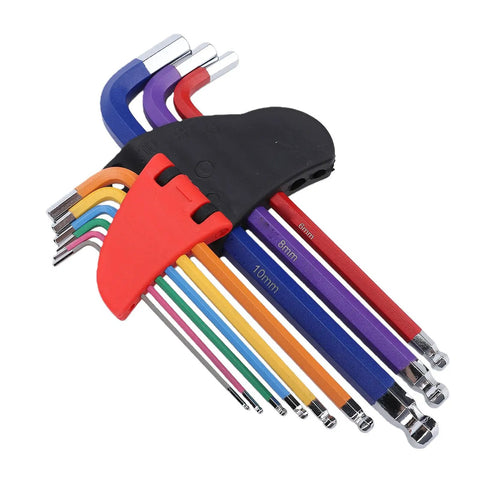Premium Metric Ball End Hex Key Set With Durable S2 Steel And Cr V Alloy Including Non Slip Color Coded Stand For Bike And Furniture Repair Jobs That Rock Perfectly For Tight Spots. color-coded metric hex key set in stand, 1.5mm to 10mm