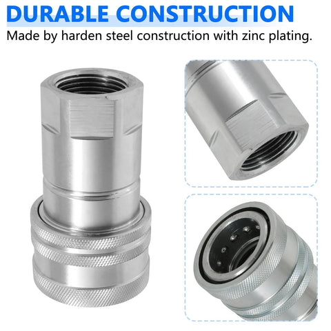 Hydraulic quick-connect coupler, 1/2" ISO 7241-A, silver metal with knurled sleeve and dust cap