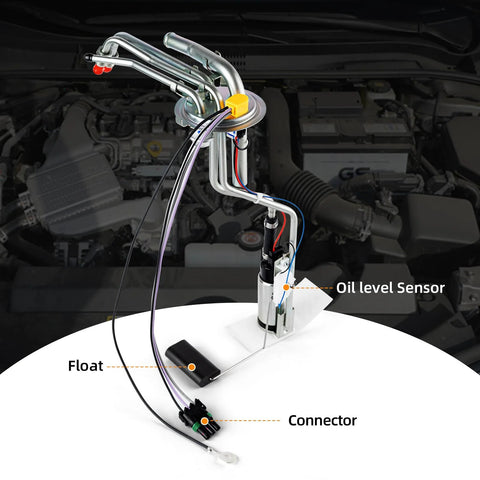 Electric Fuel Pump Assembly For Chevy And GMC Trucks 1996 1997 C1500 C2500 C3500 K1500 K2500 K3500 4.3L 5.0L 5.7L 7.4L Replace E3622S P80001S HP10001 Direct Fit Plug And Play image showing detailed assembly with labeled parts including oil level sensor, float, and connector.