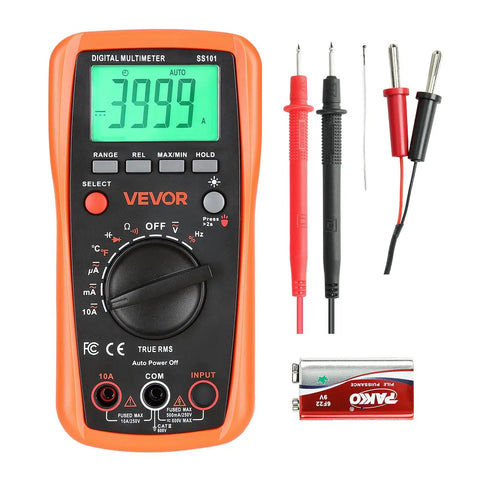 All In One Digital Multimeter With 4000 Count TRMS Readouts For DC And AC Voltage And Current, includes probes and battery.