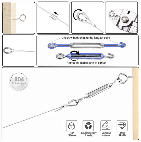 Beefy Turnbuckle Kit and Wire Rope Crimping Tool Set with cable and turnbuckles for garden lights, picture hanging, and clothes.