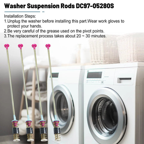 4 Pack DC97-05280S Suspension Rod Washer Damper Kit For WA48H7400 Series Washers shown with two front-load washers