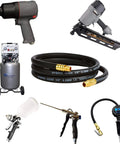 Heavy Duty Air Compressor Lead Hose 3/8 Inch X 6 Feet Kink Free Flex Tubing With 1/4 Inch Quick Coupler Plug Kit And Bend Stoppers Solid Brass Fittings Built Tough And Ready To Roll Black laid out with air tools and compressor.