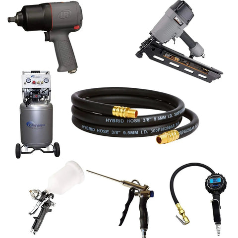 Heavy Duty Air Compressor Lead Hose 3/8 Inch X 6 Feet Kink Free Flex Tubing With 1/4 Inch Quick Coupler Plug Kit And Bend Stoppers Solid Brass Fittings Built Tough And Ready To Roll Black laid out with air tools and compressor.