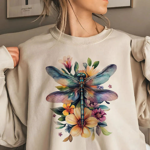 Watercolor Dragonfly Heat Transfer Stickers Set For Clothes Dope Iron On Patches 9 Pcs on sweatshirt with floral design