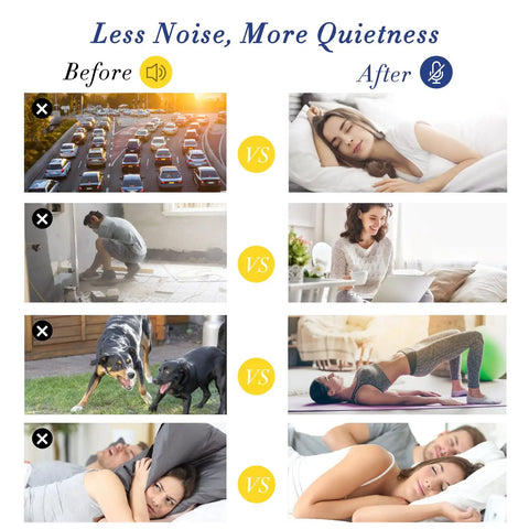 Comparison of noisy scenes and people wearing Ultra Soft Silicone Ear Plugs For Sleeping And Travel On The Go Reusable Noise Canceling Ear Protection Waterproof And Comfortable 3 Pairs For Sleeping Swimming Studying Concerts And Airplanes