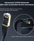 DbillionDa Cat8 Ethernet cable with gold-plated RJ45 connectors; black cable in close-up plug-in view