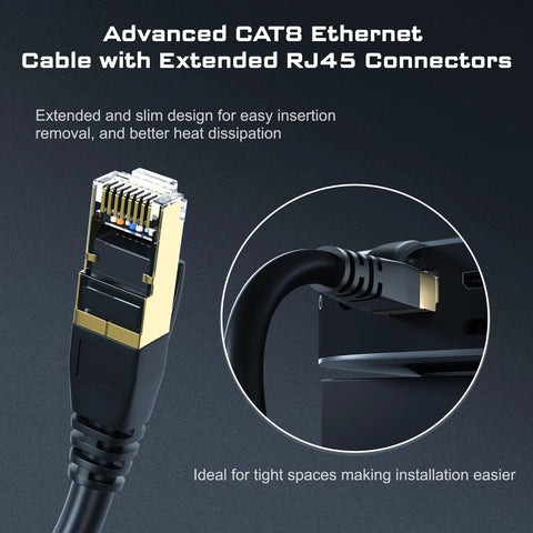 DbillionDa Cat8 Ethernet cable with gold-plated RJ45 connectors; black cable in close-up plug-in view