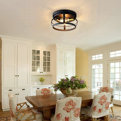 Dope Industrial Semi Flush Mount 3 Light Ceiling Fixture In Black Rustic Metal Farmhouse Chandelier in kitchen setting