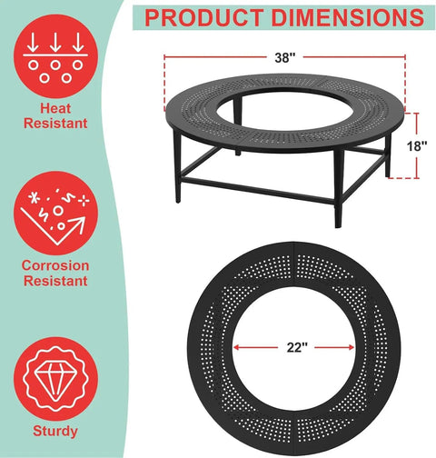 38 Inch Fire Pit Surround Tabletop For Smokeless Fire Pit With Dust Cover And Powder Coated Steel Build, product dimensions and features