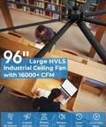 Ginormous 96-Inch HVLS Ceiling Fan with 8 Metal Blades, Quiet Reversible DC Motor, installed over a library