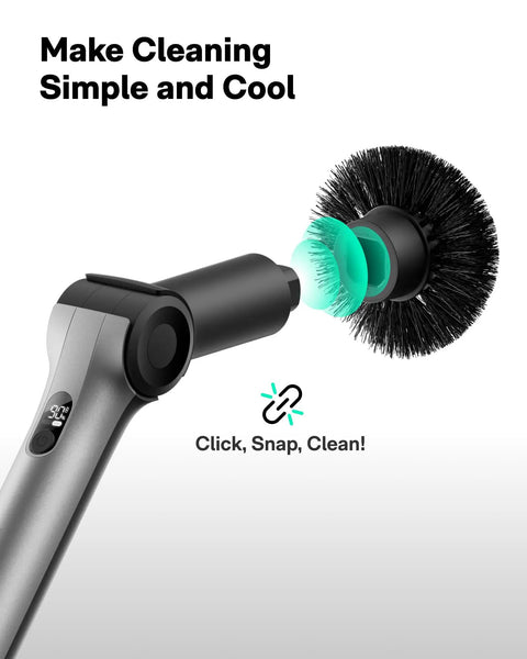 Cordless Electric Spin Scrubber With Extendable Handle and Adjustable Angle Smart Display, brush head attachment visible.