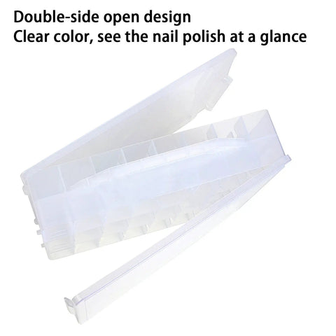 Universal Nail Polish Holder Organizer For 48 Bottles With Adjustable Dividers, open clear plastic design shown on white background.