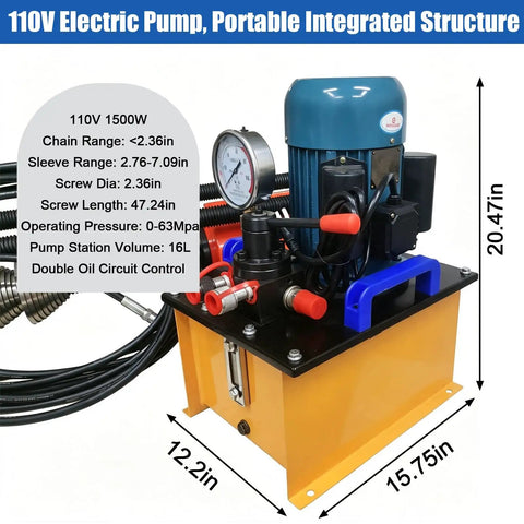 110V Electric Pump with 1500W motor for heavy-duty applications, measuring 15.75x12.2x20.47 inches, used in hydraulic systems.