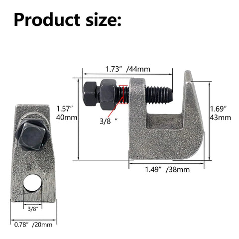 Front and side views of NIDAYE top beam clamp with UNC 3/8 in bolt and 3/4 in jaw opening; dimensioned iron clamp.