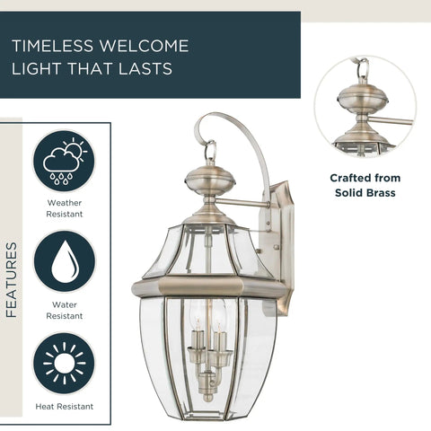 Newbury 20 Inch Outdoor Wall Lantern 2 Light Pewter Finish With Clear Beveled Glass E12 Base, durable brass exterior lighting