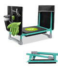 Wide 10 Inch Taller Garden Kneeler And Seat Folding Stool with two tool pouches, EVA foam pad, NBR cushion, and folded view.