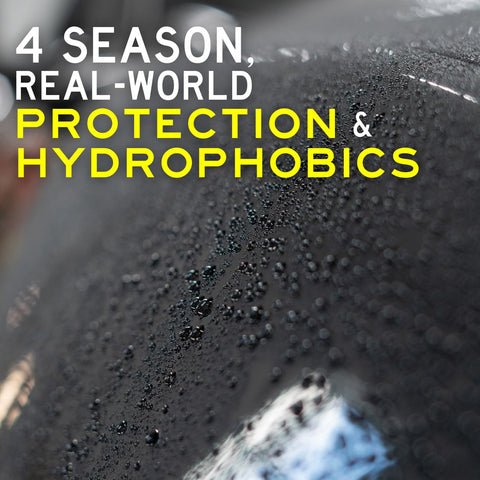 Close-up of hydrophobic effects on car paint using 845 Insulator Wax Carnauba And Polymer Sealant With No Fuss Easy To Use.