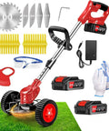 Powerful Cordless Weed Wacker 21V 2Ah Battery Powered Trimmer Edger Mower 3 In 1 with wheels, blades, and accessories