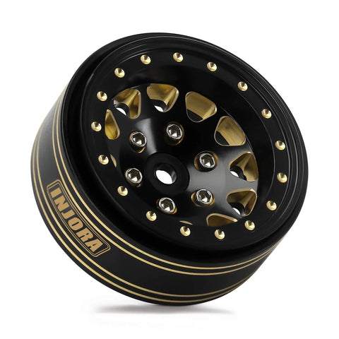 Beadlock Brass Wheel Rims 68g With 3.75mm Offset For SCX24 TRX4M Upgrade, black gold finish, front angle