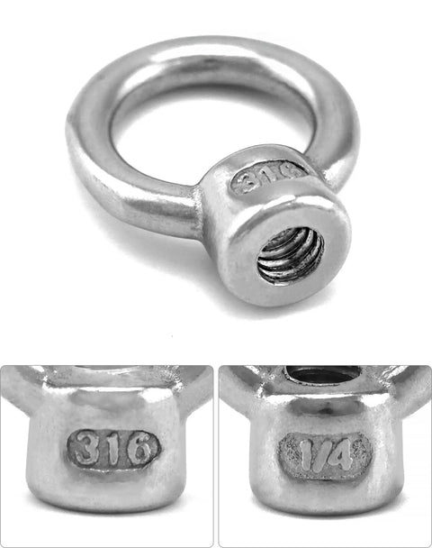 Close-up of Lifting Eye Nut 10 Pack One Quarter Inch UNC Marine Grade Stainless Steel 316 with corrosion-resistant design.