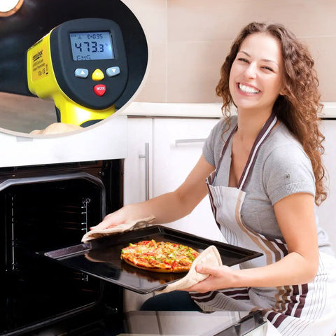 Beast Dual Laser Non-Contact Infrared Thermometer for Surface Temperature, Range -58F to 1202F, displayed near a baking oven