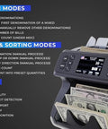 DeTect Dt600 Professional Bank Grade Money Counter Machine For Mixed Denomination Bills showing control panel with display and money.