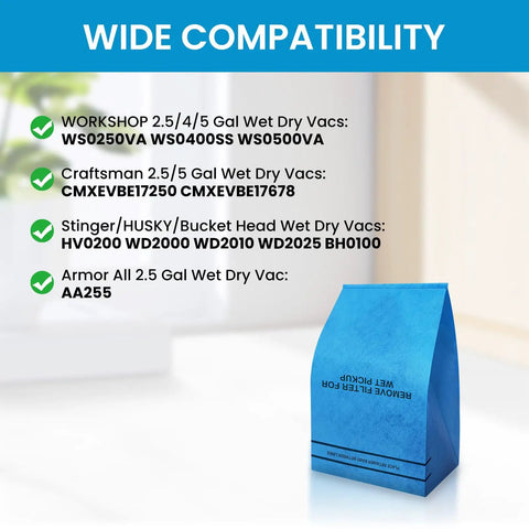Compatibility list and single blue vacuum filter bag from 20 Pack Universal Wet Dry Vacuum Filter Bags For 2.5 To 5 Gallon Vacs Fits Craftsman.