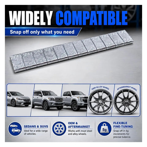 One Sixth Oz Adhesive Wheel Weights, Low Profile Sticky Tire Balancers For Cars Trucks SUVs And Cycles, Heavy Duty Iron 24 Pack, Widely compatible weights for OEM and aftermarket wheels.