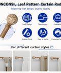 Heavy Duty Adjustable Wood Curtain Rods 1 Inch Diameter 48 to 86 Inches with Imitation Wood Grain Leaf Pattern Finials for Windows with installation guide and curtain style examples.