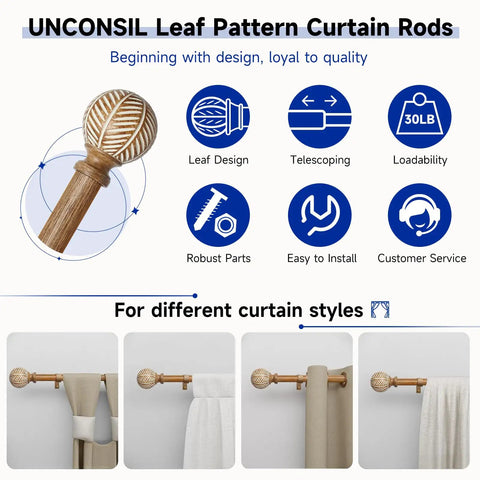 Heavy Duty Adjustable Wood Curtain Rods 1 Inch Diameter 48 to 86 Inches with Imitation Wood Grain Leaf Pattern Finials for Windows with installation guide and curtain style examples.