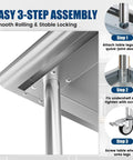 Assembly steps of Stainless Steel Prep Table On Wheels 36x24 Inch NSF Food Prep Station With Backsplash And 2 Adjustable Undershelves