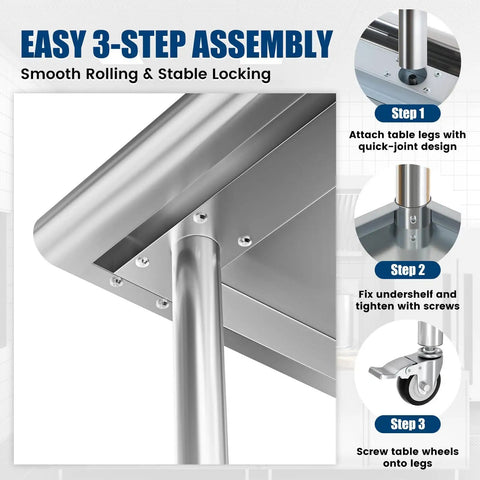 Assembly steps of Stainless Steel Prep Table On Wheels 36x24 Inch NSF Food Prep Station With Backsplash And 2 Adjustable Undershelves