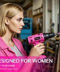 Woman using 20 Piece Hex Head Allen Wrench Drill Bit Set With Quarter Inch Hex Shank, S2 Steel Bits, Magnetic Tips, and pink drill
