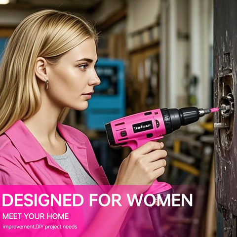 Woman using 20 Piece Hex Head Allen Wrench Drill Bit Set With Quarter Inch Hex Shank, S2 Steel Bits, Magnetic Tips, and pink drill