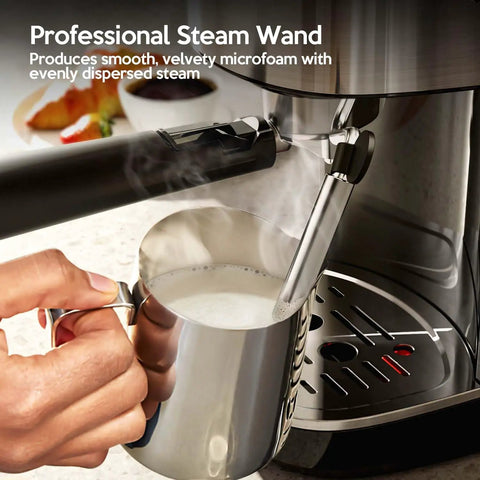 Close-up of a 20 Bar Espresso Machine Semi Automatic Home Barista Coffee Maker With Milk Frother Steam Wand frothing milk