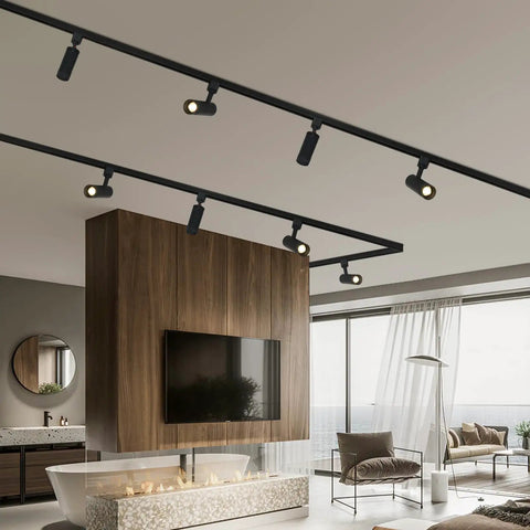 Ceiling view with 52 Feet H Type Track Lighting Rail Kit With Floating Canopy Connector I L T Connectors, illuminating living space.