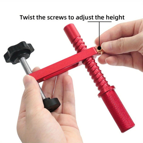 Fast Release Aluminum Dog Clamps for Workbench Pro Grade Hold Down Accessories shown in red with height adjustment screws